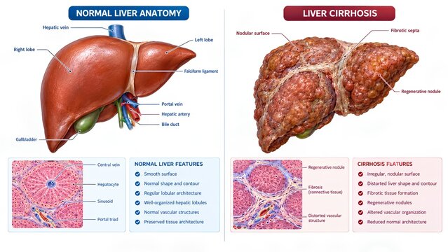 Professional realistic 3D medical infographic comparing normal liver anatomy with cirrhosis, showing nodular surface, fibrotic tissue, regenerative nodules, altered vascular structures, and distorted 