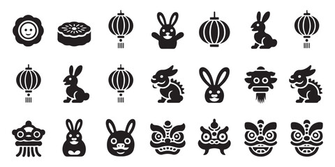 Fototapeta premium Charming mid autumn festival silhouette icons bundle featuring playful rabbits traditional lanterns mooncakes and expressive Chinese lion masks.
