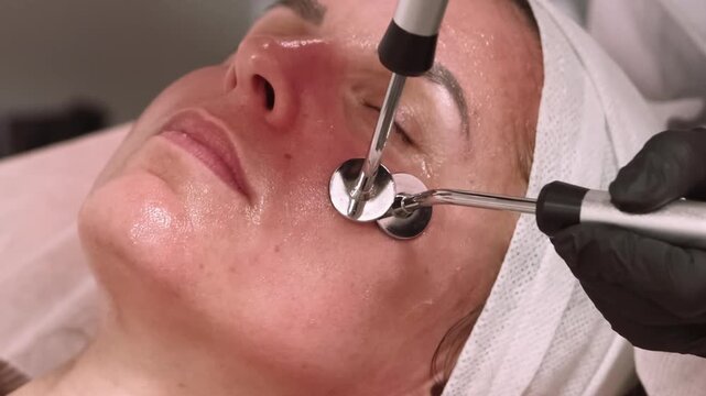Woman treatment. Microcurrent procedure. Professional cosmetologist hands in black gloves using device for facial skin lifting.