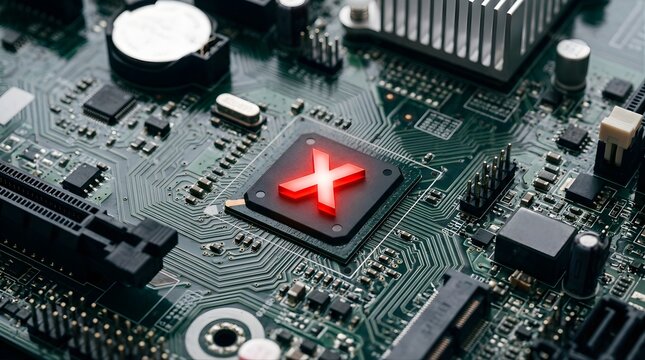Glowing red X symbol on a central computer circuit board microprocessor