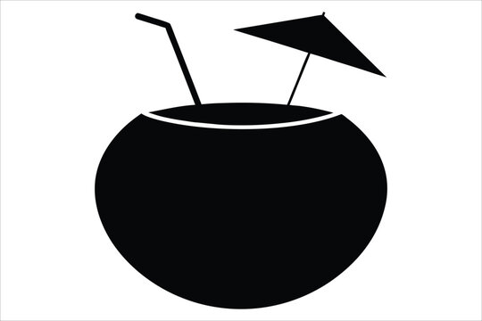 Tropical Coconut Cocktail with Decorative Paper Umbrella Black Silhouette Isolated on White Background