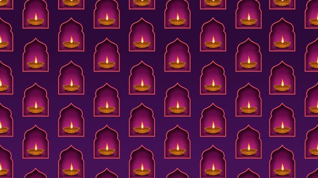 Diwali Festival of Lights looping pattern animation featuring repeated golden diyas inside glowing decorative arch frames on a rich purple background, ideal for event screens, and promotions.