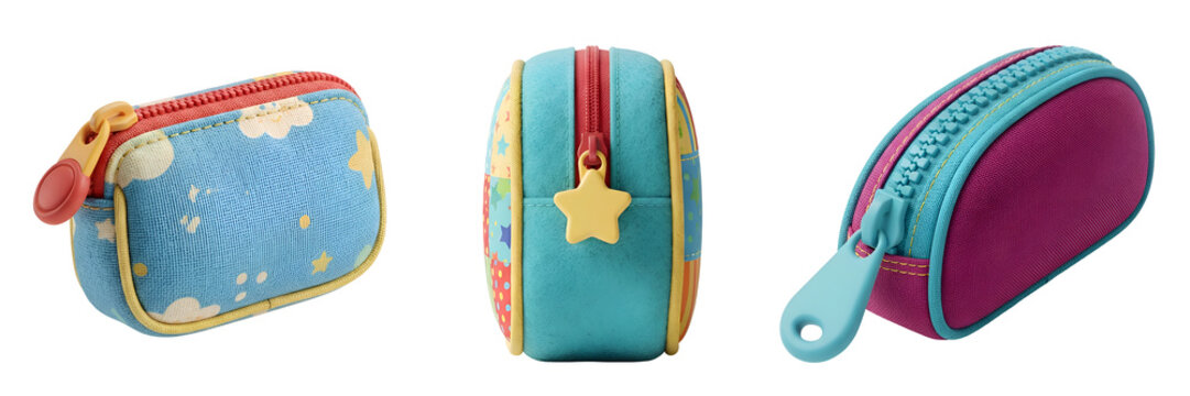 Vibrant colorful pencil cases featuring cute star zippers and soft fabric textures for kids stationery school supplies displayed in multiple angles isolated on transparent background