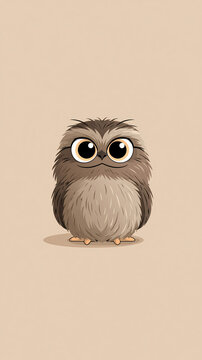 A cute fluffy baby owl with large eyes stands against a plain light brown background in this simple digital illustration of a small forest bird