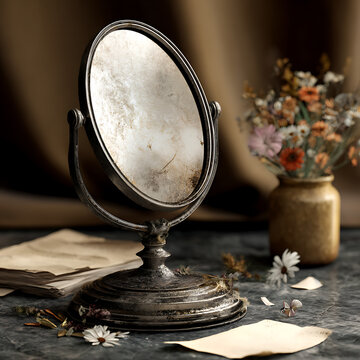 Vintage oval mirror with flowers on table