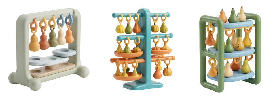 Assorted colorful organic pear fruits displayed on modern minimalist plastic stands featuring smooth rounded shapes and pastel tones for elegant kitchen decor on transparent background.