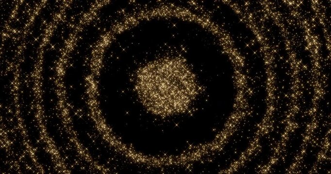 Glittering gold particle trails flying from ripple form in black background. Sparkling light streaks glow dust effect. 4K 3D rendering animation.