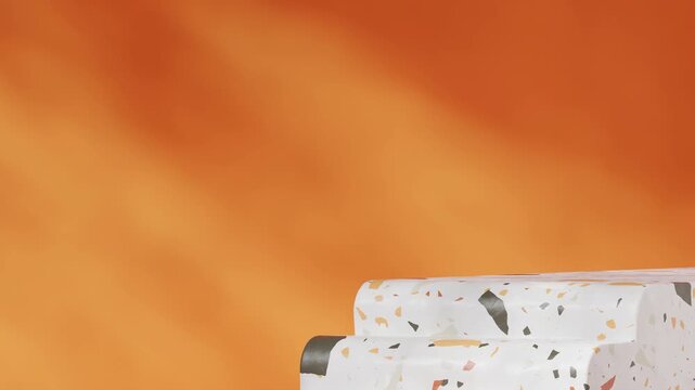 3d render footage scene template of white textured terrazzo podium seamless shadow animation looping with minimal orange color wall
