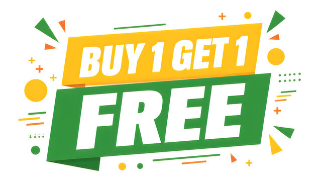 Buy one get one free promotional sale banner with colorful geometric shapes on white