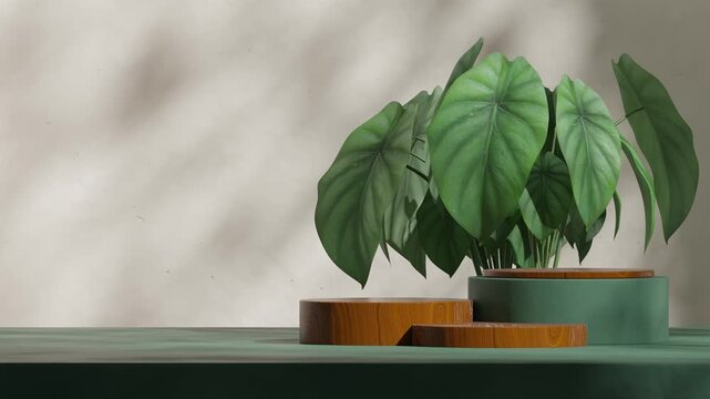 template mockup wood and green color cylinder podium of with seamless loop shadow animation house plant and white wall, 3d footage render
