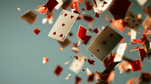 3DCG illustration of playing cards and confetti scattering through the air