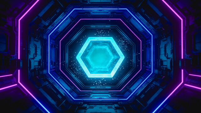A futuristic sci-fi tunnel interior with layered glowing hexagonal neon frames in blue, purple and cyan, with a central bright hexagon and small particles.