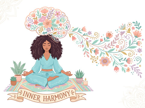 Meditating woman with vibrant floral mindscape practicing inner peace in serene yoga pose