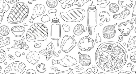 Obraz premium Hand drawn doodle seamless pattern with various food items.