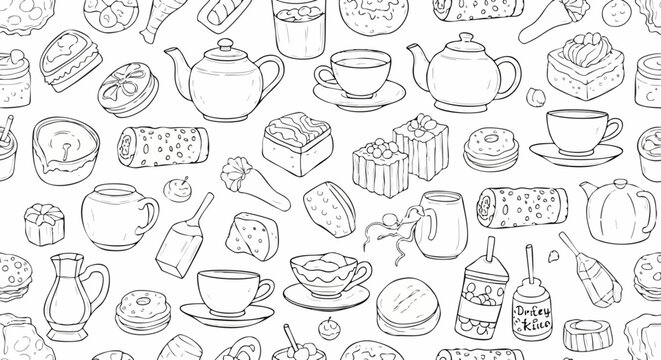 Seamless hand drawn pattern featuring various tea pots cups and assorted pastries.