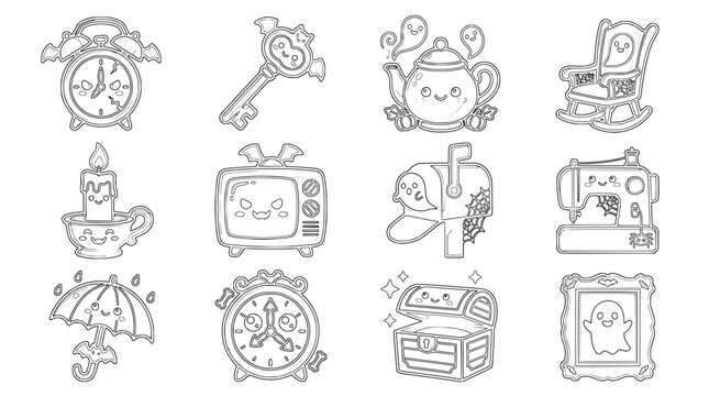 Cute Kawaii Haunted House Sticker Set with Spooky Line Art Objects and Adorable Smiling Faces for Creative Design