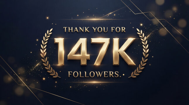Thank You For 147K Followers Gold Celebration Banner With Laurel Wreath And Sparkles
