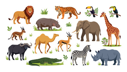 Fototapeta premium Cute wild safari animals vector set illustration featuring African jungle fauna characters isolated on a clean white background