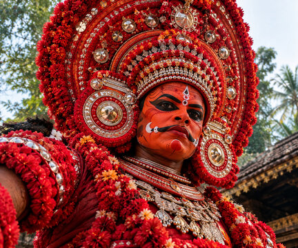 Close-Up Portrait of a Traditional Theyyam Performer in Elaborate Red Costume, Kerala, India