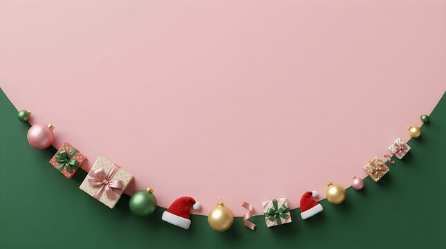 Minimalist Christmas background with festive holiday decorations arranged in a curved border on a dual-tone pink and green surface. Elegant winter seasonal composition featuring small gift boxes