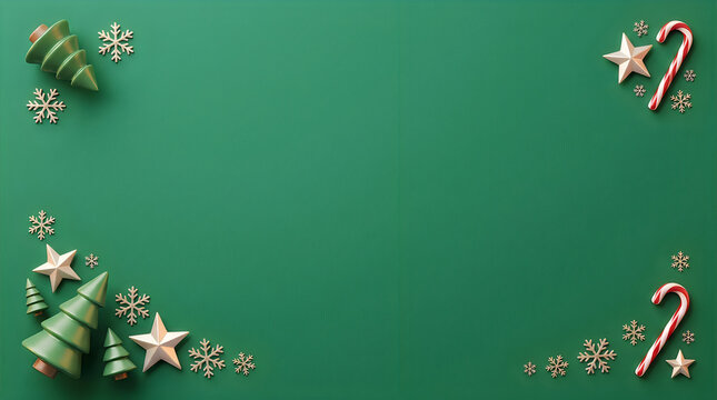 Minimalist Christmas background with festive green paper texture and elegant holiday ornaments, decorative winter border featuring wooden evergreen trees and golden stars on a dark green