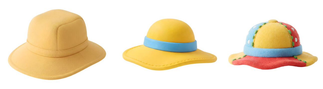 Three colorful fashion hats featuring distinct yellow designs and a vibrant patchwork pattern displayed neatly for summer sun protection headwear and beach style on transparent background