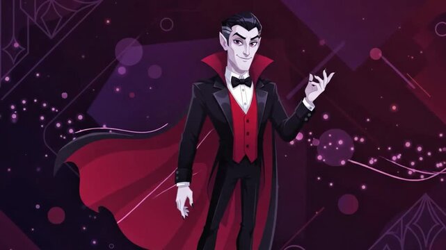 Cute Cartoon Vampire Character in Halloween Night Scene with Stars! 4k