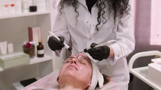 Cosmetologist therapy. Face microcurrent. Woman in black gloves using professional device for lifting skin modern beauty procedure.