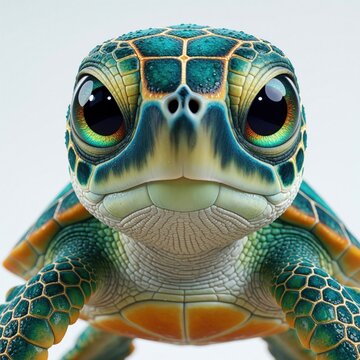 Cute baby sea turtle with big expressive eyes looks at camera. Small reptile detailed green shell, yellow skin. Adorable marine animal character with sad face in 3D render style. Sweet turtleling