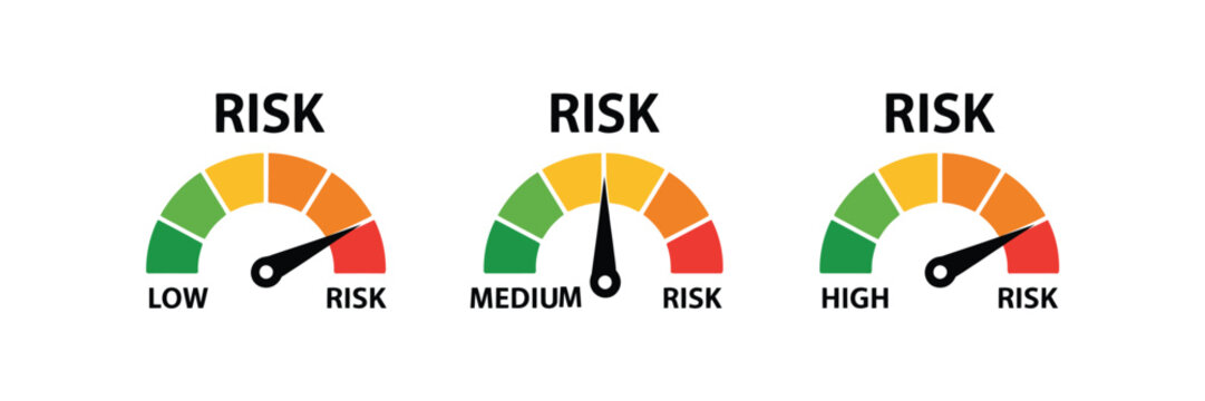 Risk meter icon featuring gauge indicator for low medium and high risk levels, assessment, safety, warning, and business analysis