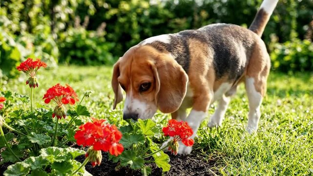 Curious Beagle Dog Sniffing Red Geranium Flowers in a Lush Garden on a Sunny Day