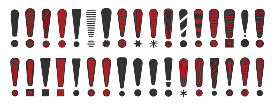 Collection of hand-drawn exclamation marks in red and dark gray, featuring various patterns like stripes, dots, and geometric shapes on a white background