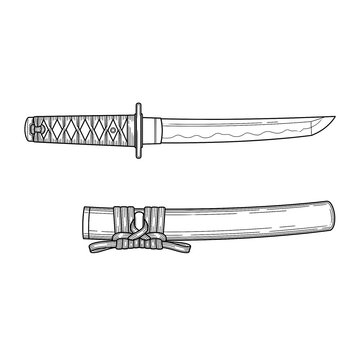 Hand drawn sketch of Tanto dagger knife.