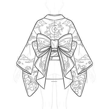 Hand drawn sketch of Female fantasy kimono giant ribbon back.