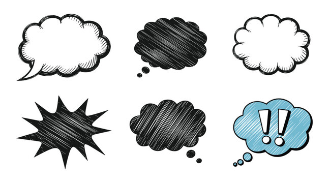 Set of hand-drawn speech and thought bubbles with scribble textures, including cloud shapes, starbursts, and exclamation marks in black and blue ink styles