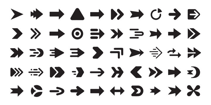 Vector icon set containing various directional arrows and navigational symbols in flat black style for user interface and web design application kits.