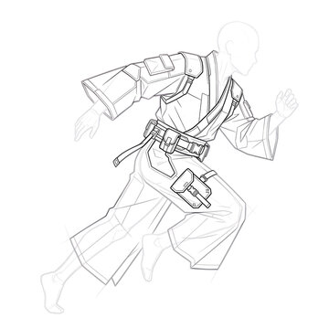 Hand drawn sketch of Male cyberpunk fantasy kimono dashing.