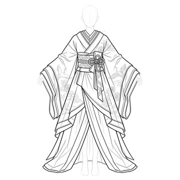Hand drawn sketch of Female fantasy kimono with extreme layers.