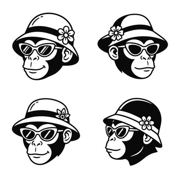 Stylish Chimpanzee Mascot Set. Vector illustration of a cartoon monkey wearing a summer hat and sunglasses. Black and white character design for logos or icons.