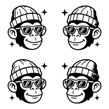 Cool monkey character with beanie and sunglasses seamless pattern. Black and white retro cartoon ape head illustration for background or print design.