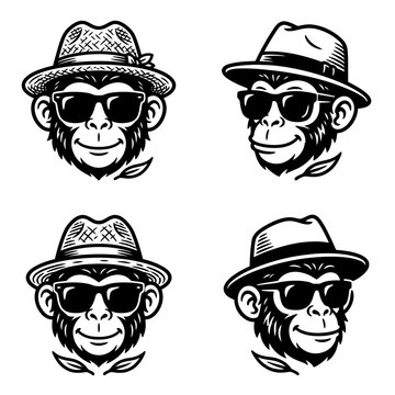 Cool monkey mascot set with sunglasses and fedora hat. Black and white chimpanzee head vector illustration for logo or apparel design.