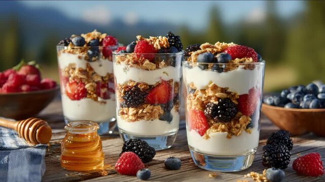 Fresh berry granola yogurt parfaits on wooden table outdoors in natural light. Greek yogurt parfaits with granola honey and seasonal berries in glass cups