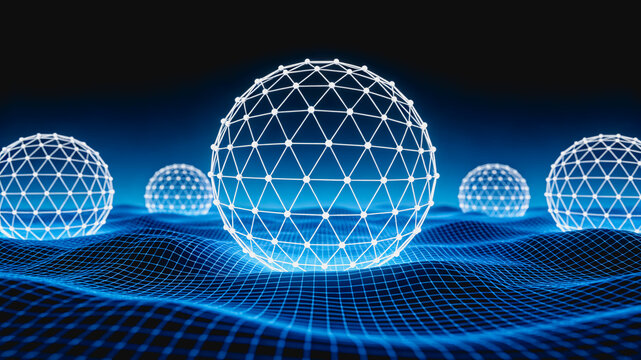 3D rendered digital wireframe spheres rest on a glowing grid waveform landscape, representing network and data technology concepts.