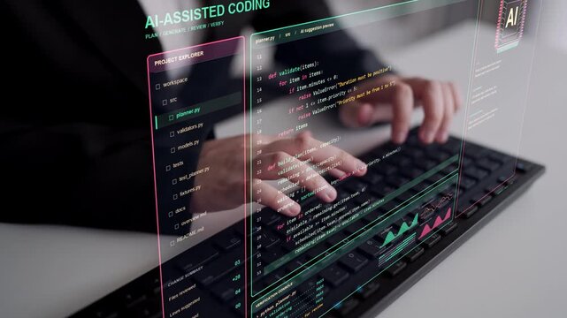 A person types on a keyboard. Code suggestions and automated checks support the development of a task planner, illustrating collaboration between human requirements and AI assistance.