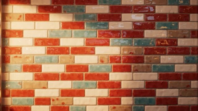 Multicolored glazed brick wall texture featuring rhythmic light animation moving across the ceramic surface in this high resolution motion video
