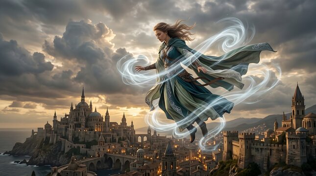 Female wind mage surrounded by swirling currents of air, levitating high above a magnificent coastal fantasy city at sunset.