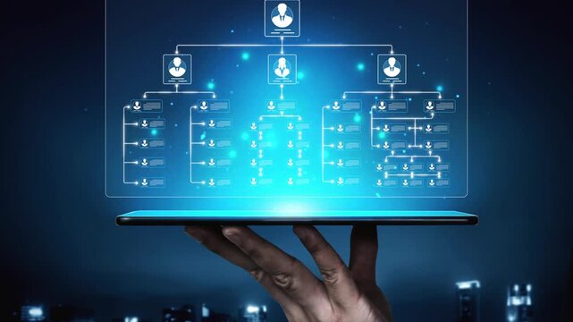 Innovative Concept of Digital Network with User Profiles and Data Flow Represented on a Tablet Device Against a Night City Background Sigmoid