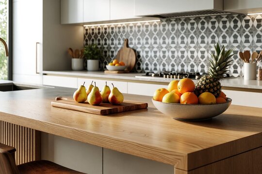 Modern kitchen island with fruit bowl of pineapple oranges pears. Sleek cabinetry geometric backsplash tile. Contemporary design space for healthy eating.