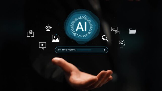 Hands Holding AI Technology Concept with Digital Symbols and Command Prompt Interface for Innovative Future in Business and Creativity Gluon.
