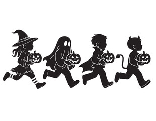 Fototapeta premium Group of children in Halloween costumes running with jack-o-lantern pumpkins silhouette art